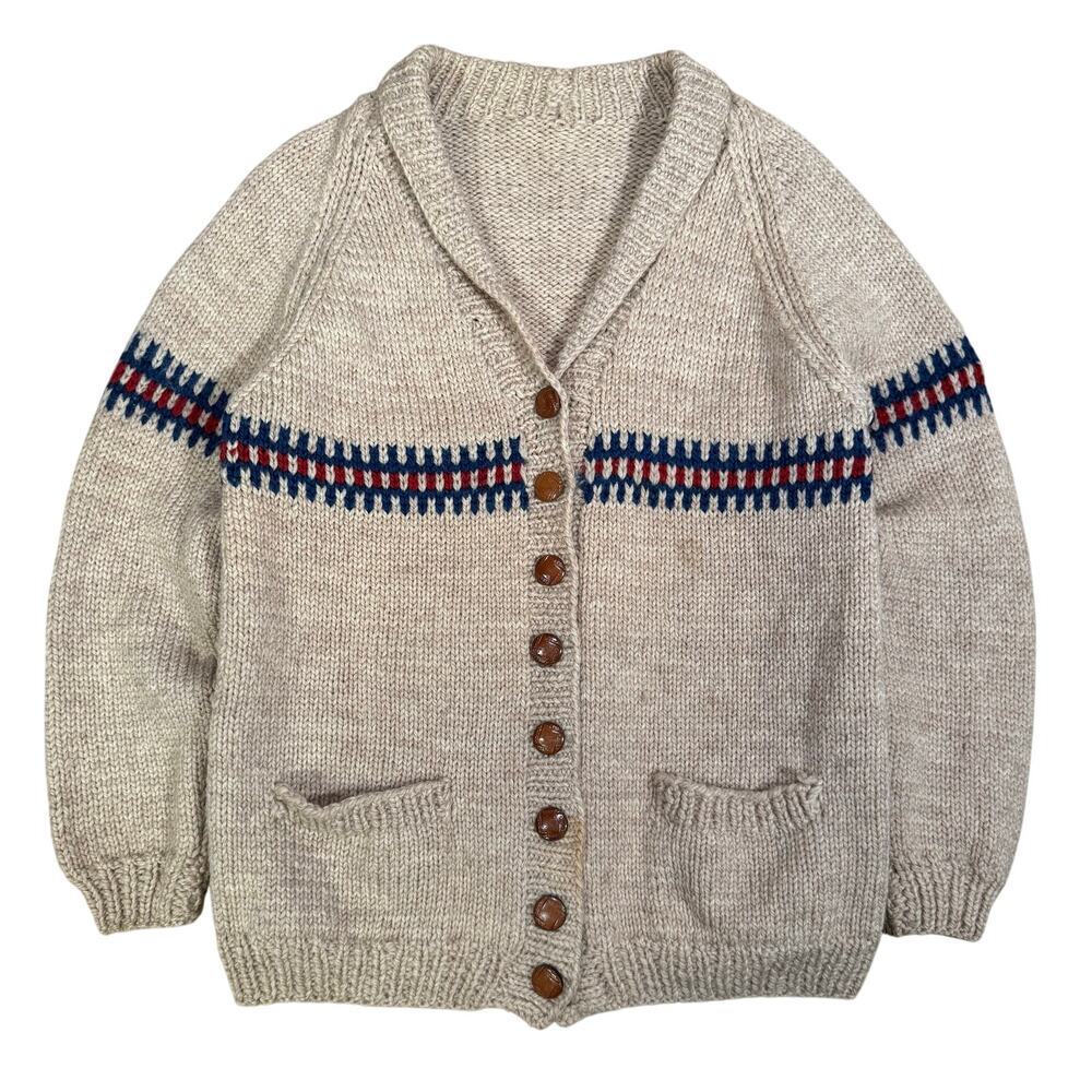 Vintage Hand Knit Wool Cardigan Sweater Shawl Collar Button Front Chunky Knit